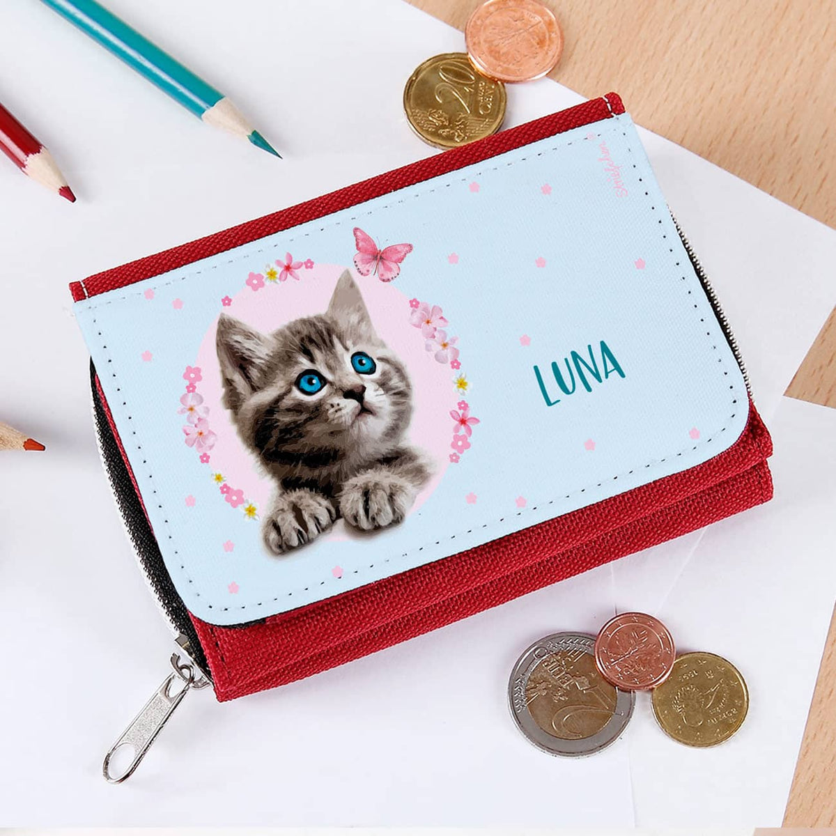 Kindergeldbörse mit Katze und Name