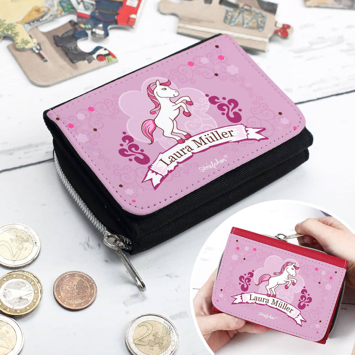 Geldbörse mit rosa Pony-Motiv für Mädchen in rot und schwarz