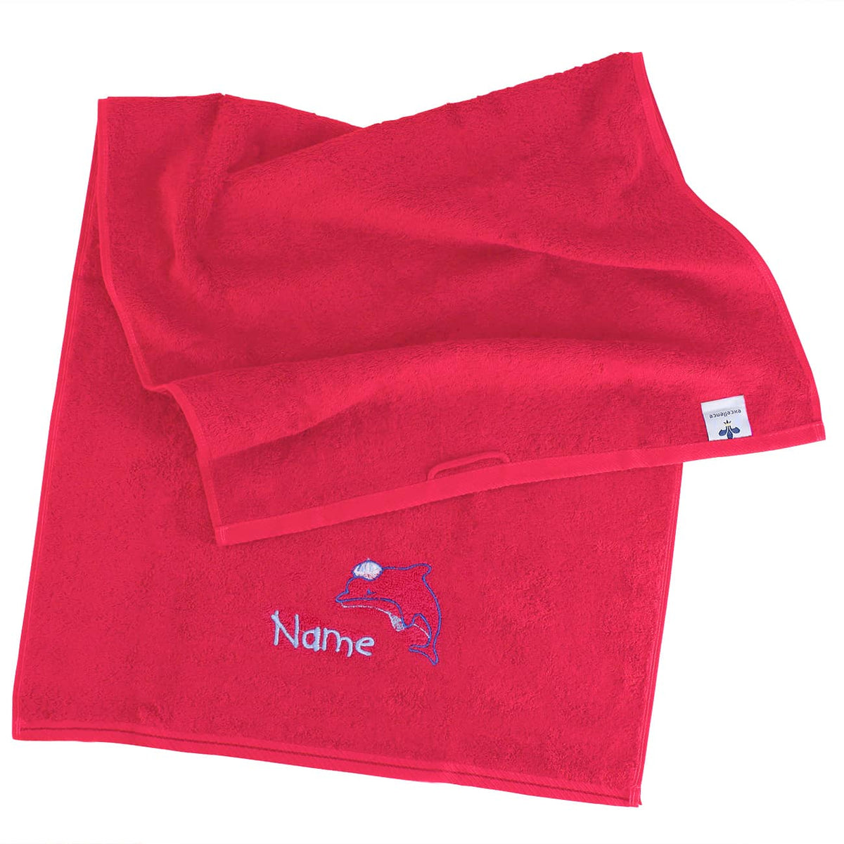 Himbeerfarbenes Duschtuch mit Delfin und Name