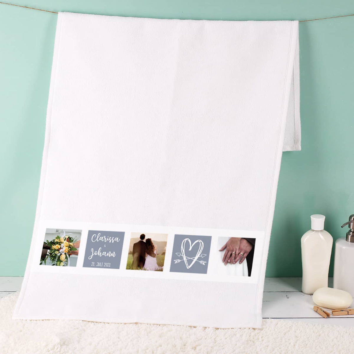 Handtuch mit drei Fotos, Herz, Namen und Wunschtext