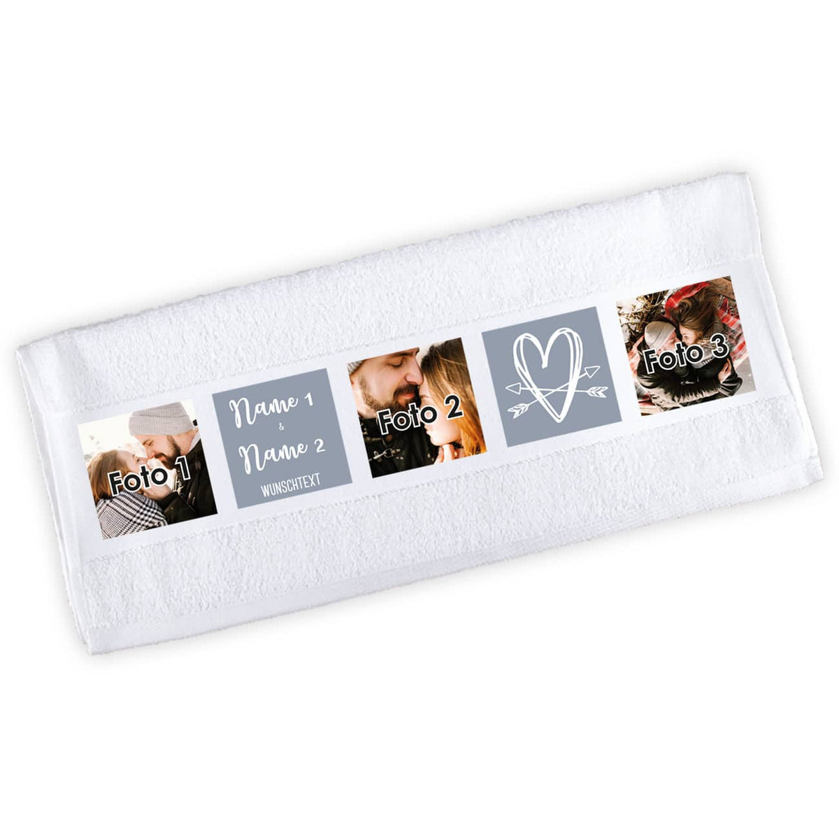 Hochzeitsgeschenk - Handtuch mit drei Fotos, Herz, Namen und Wunschtext
