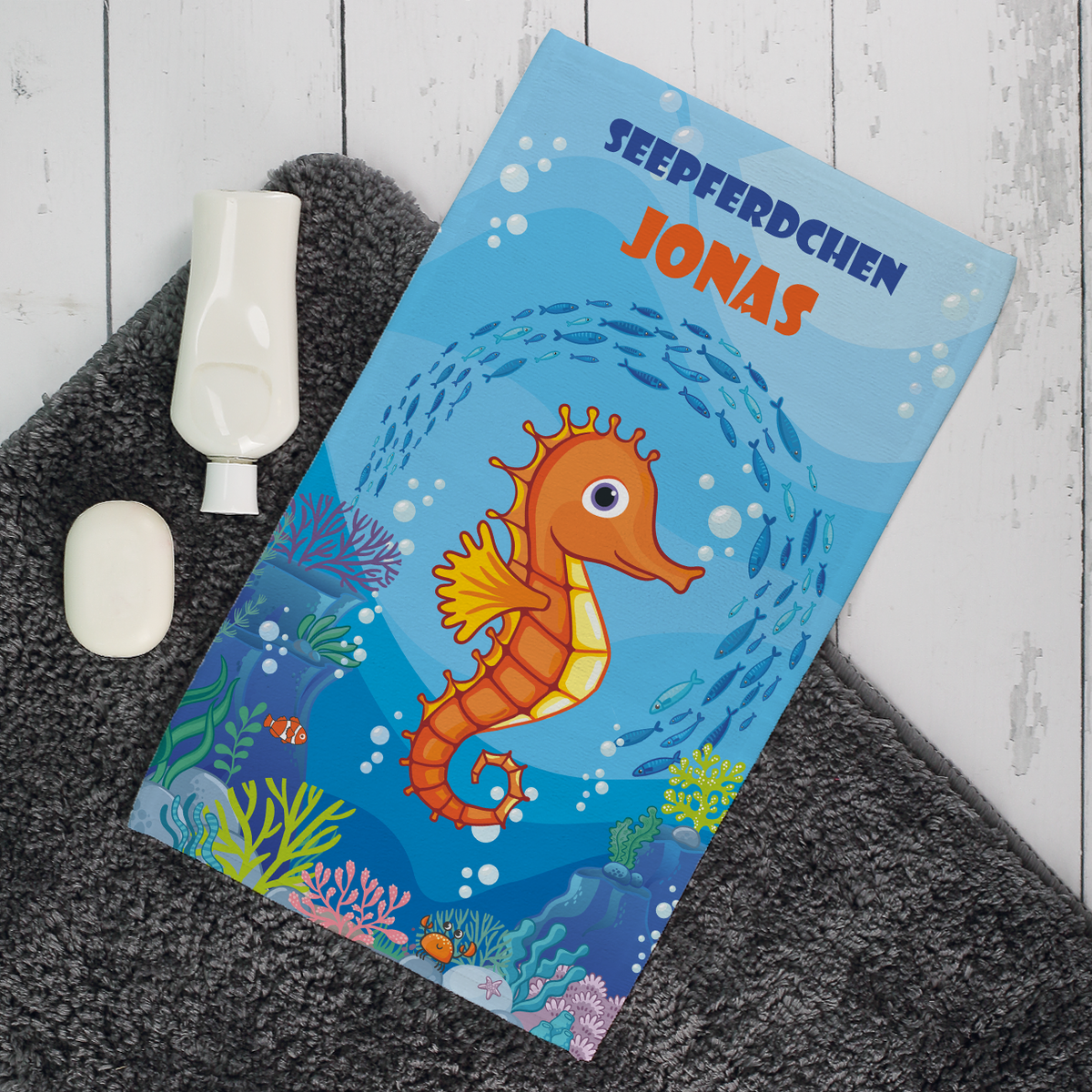 Seepferdchen - Badetuch mit Name und Wunschtext in 3 verschiedenen Größen