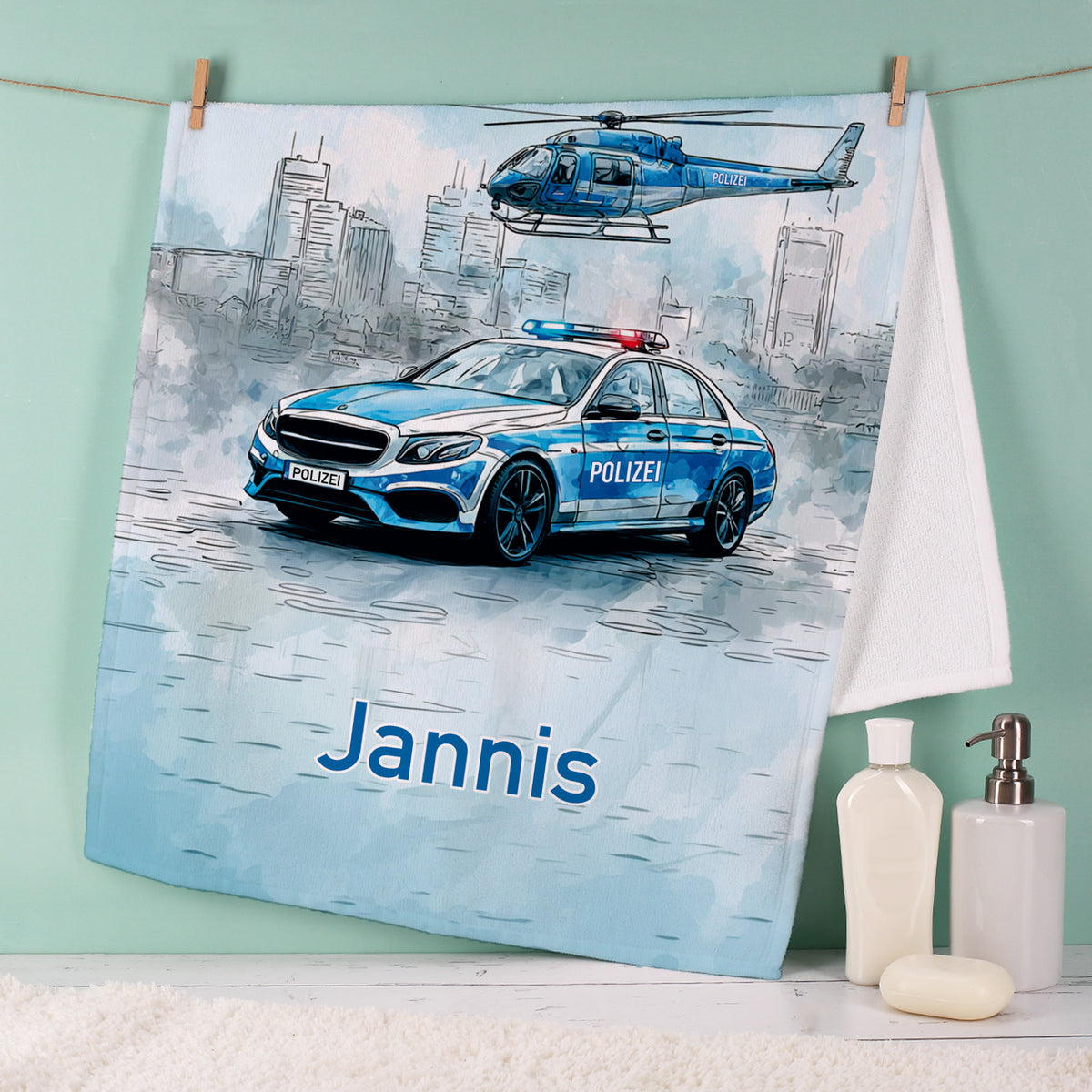 Handtuch mit Name und Polizei Motiv personalisiert für Kinder | Badetuch als Geschenk für Jungen