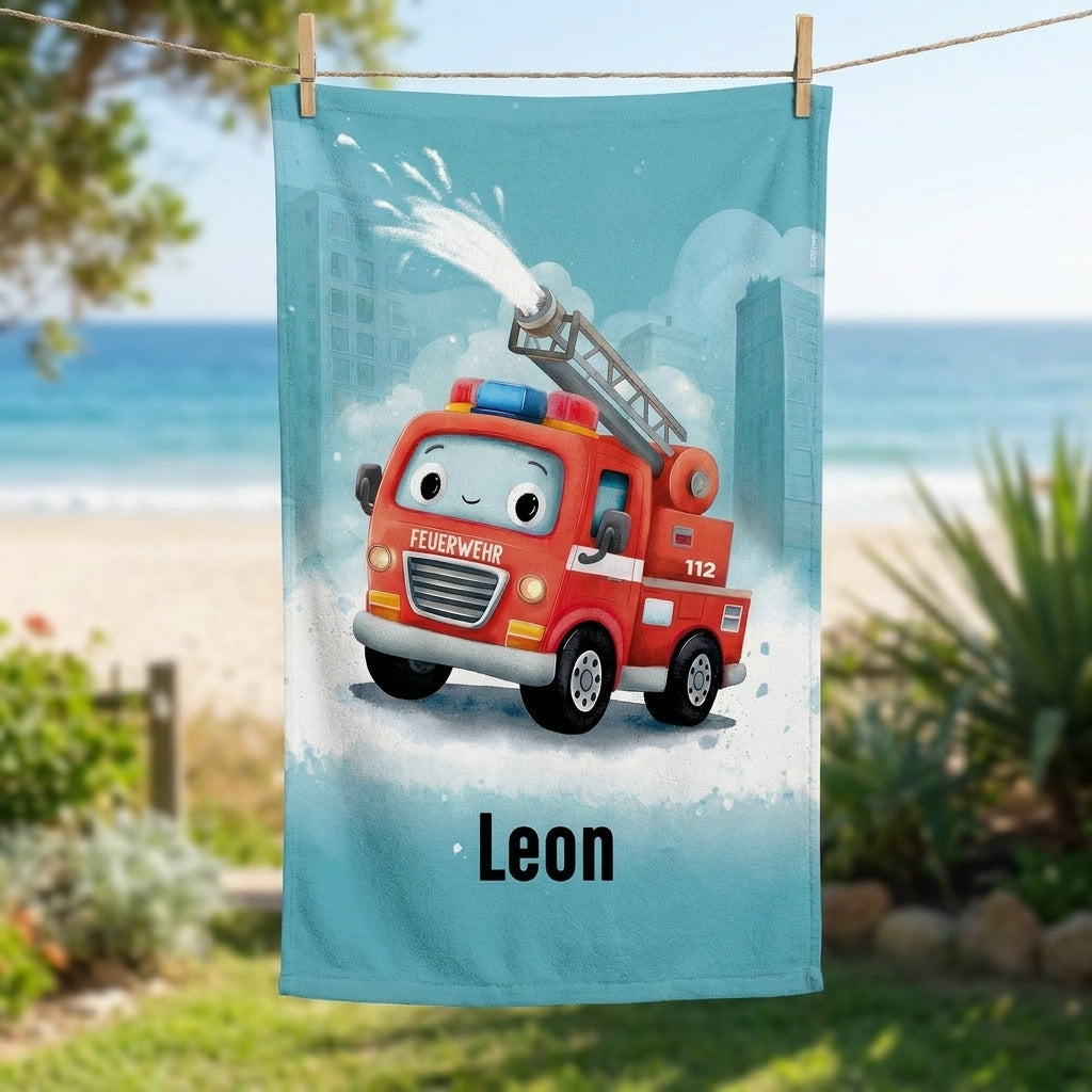 Feuerwehr Handtuch mit Name Leon, rotem Feuerwehrauto und türkisblauem Hintergrund an einer Wäscheleine am Strand