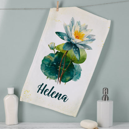 Hängendes Gästehandtuch mit Seerosen-Geburtsblume und Name Helena