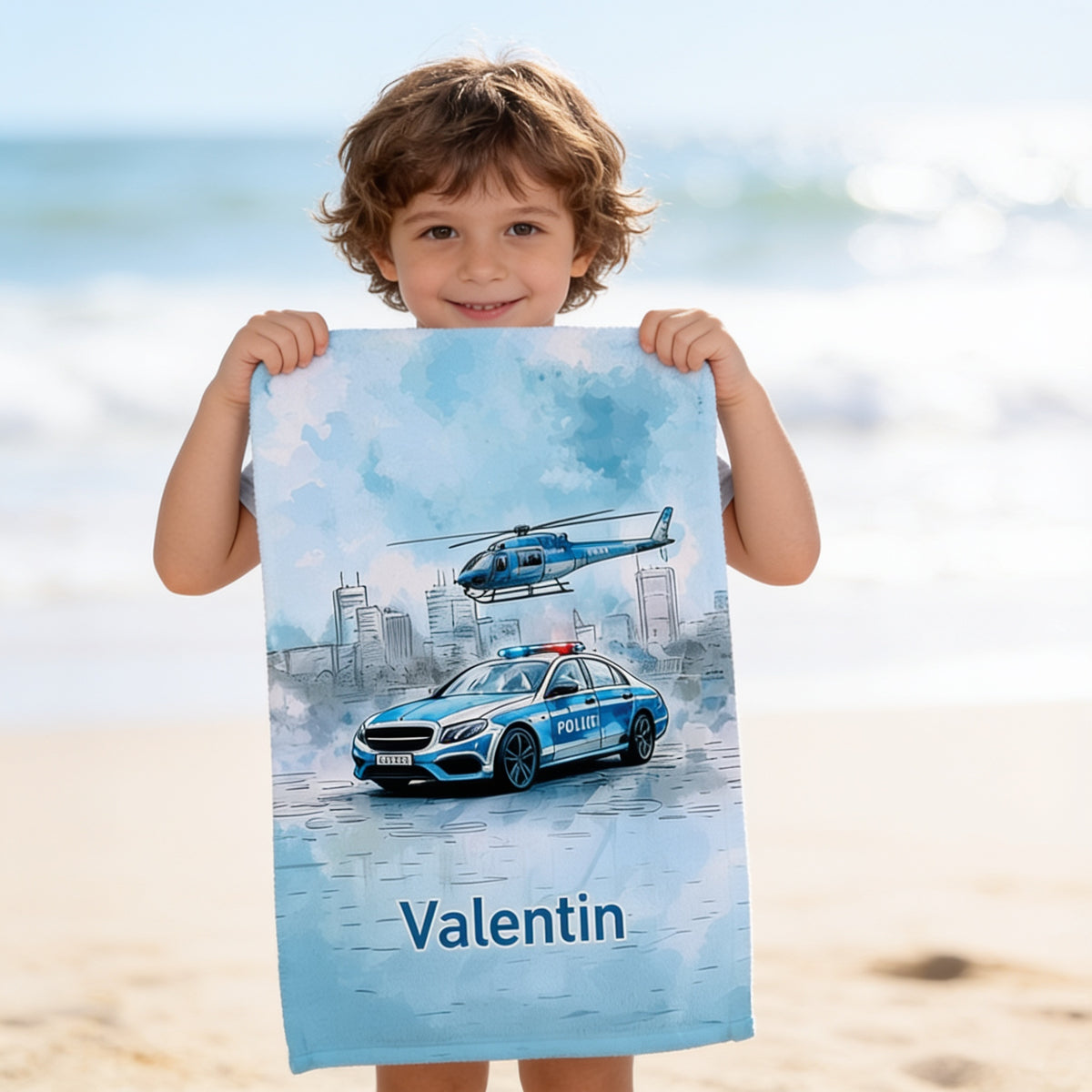 Handtuch mit Name und Polizei Motiv personalisiert für Kinder | Badetuch als Geschenk für Jungen