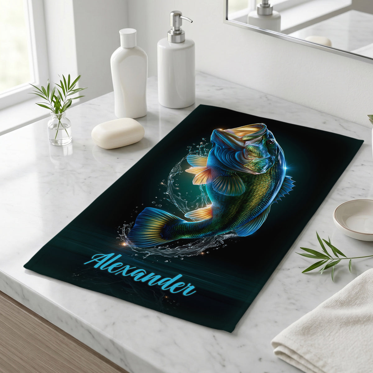 Personalisiertes Angler-Handtuch mit großem Fischmotiv und Name Alexander auf einem Waschtisch