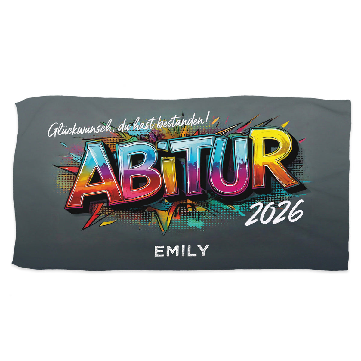 Weißes Abitur-Handtuch mit buntem Druck