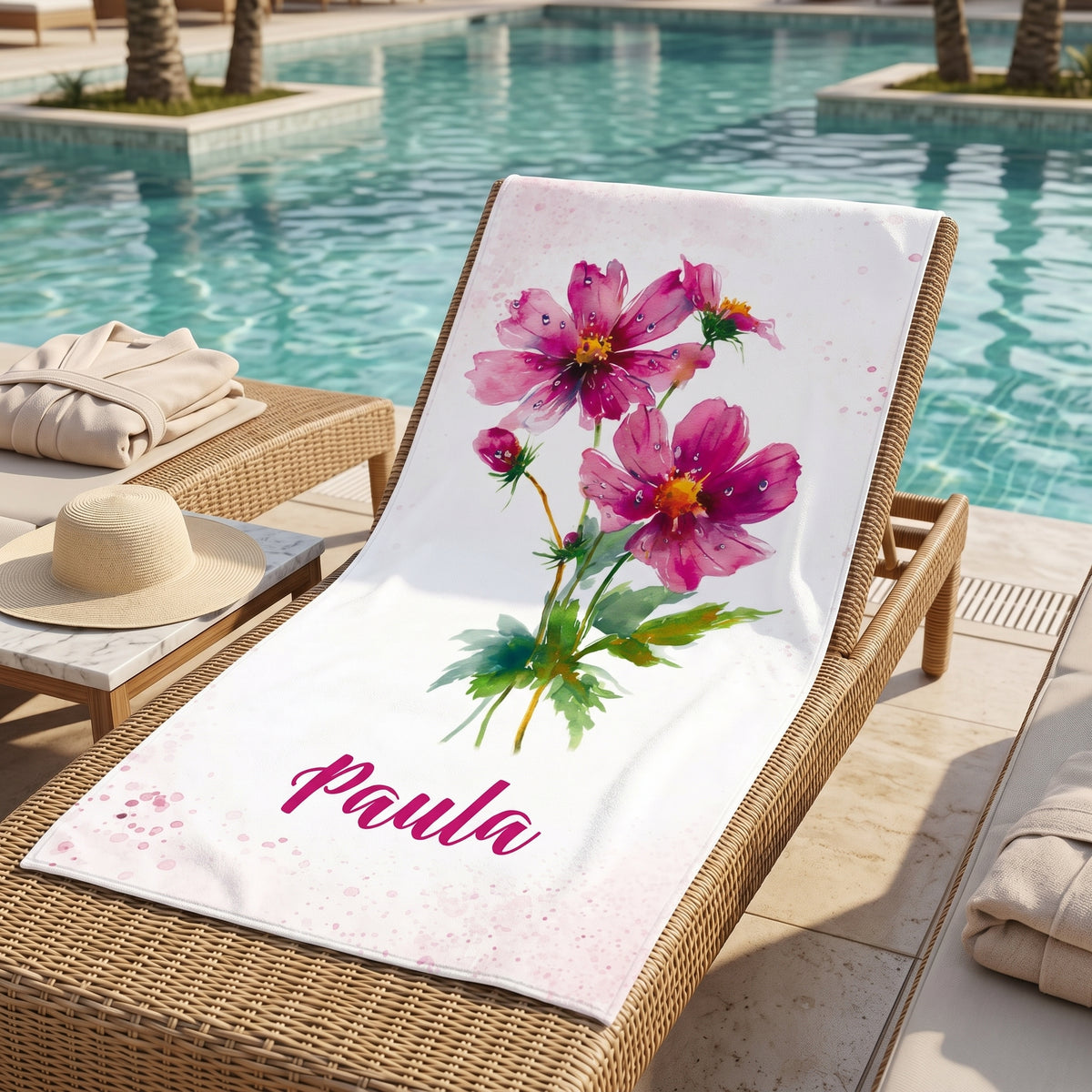 Großes Badetuch auf Poolliege mit rosa Blumenmotiv und Name Paula
