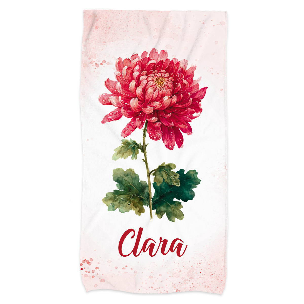 Weißes Handtuch freigestellt mit roter Chrysanthemen-Geburtsblume und Name Clara