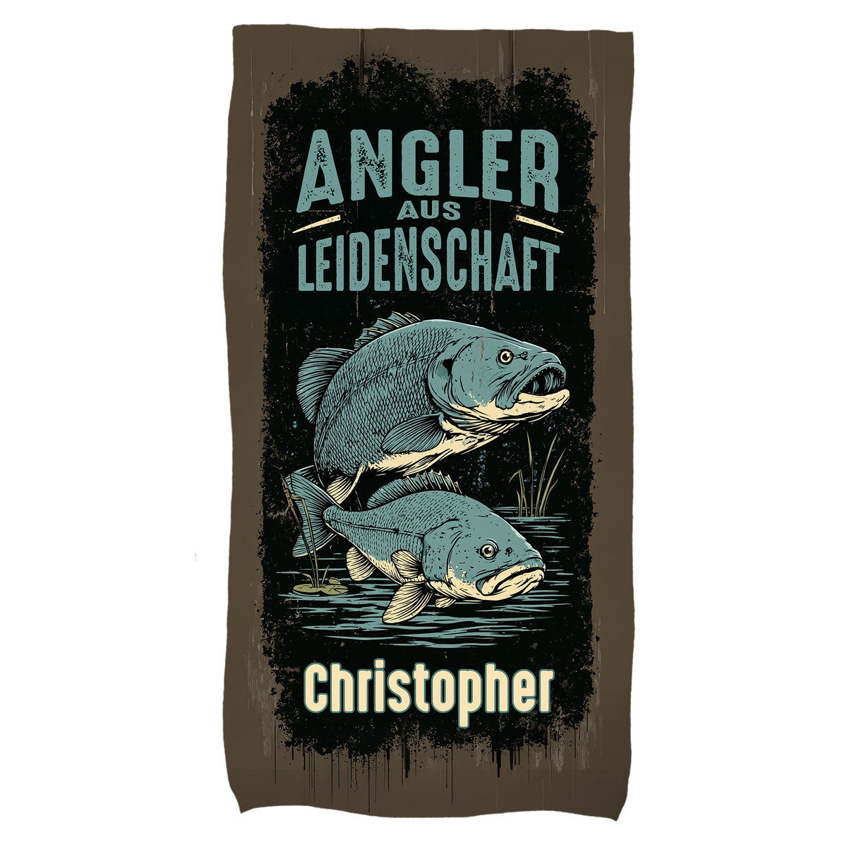 Angler-Handtuch mit Fischen, Wunschname und Petri-Heil-Schriftzug als Geschenk für Fischer