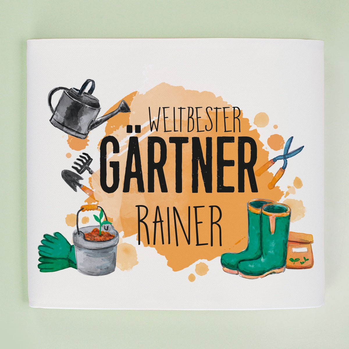 Bedruckter Hocker mit persönlichem Gärtnermotiv