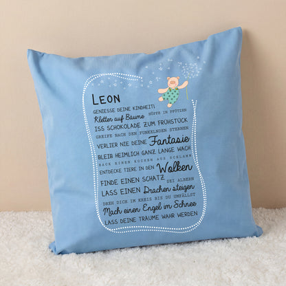 Blaues personalisiertes Kinderkissen mit Name Leon, Bären Motiv und Kindheit Spruch