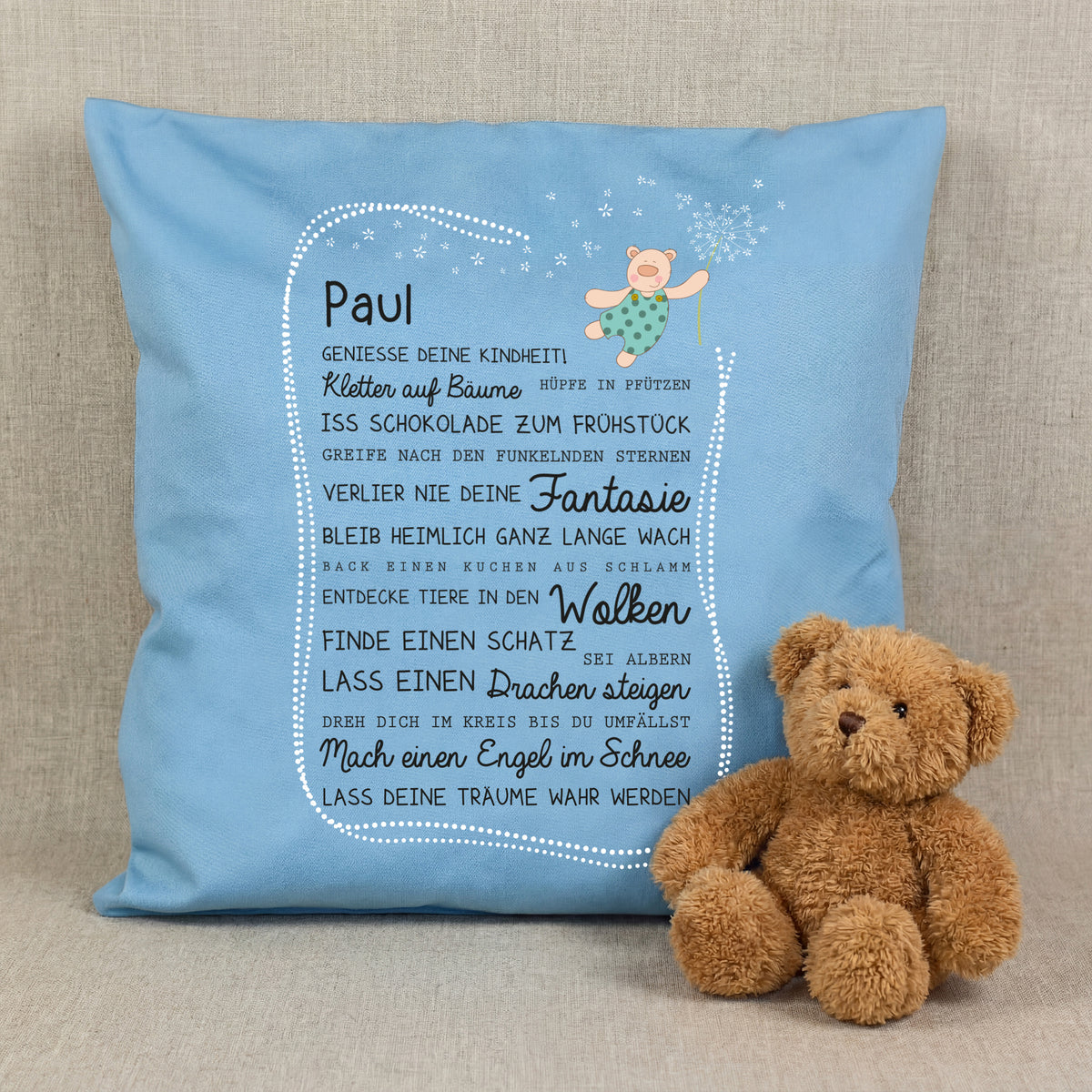 Personalisiertes Jungen Kissen in Blau mit Name Paul, Bär und Kindheit Spruch