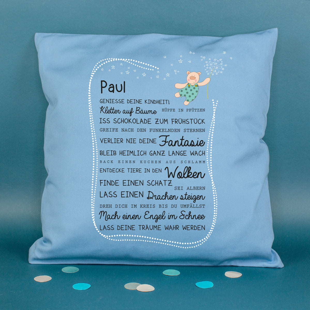 Blaues Kissen für Jungen mit Name Paul, Kindheit Spruch und Bär