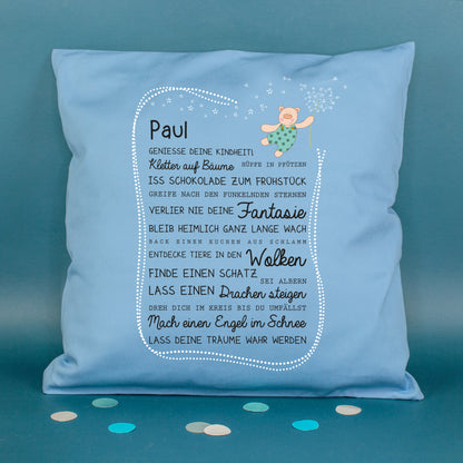 Blaues Kissen für Jungen mit Name Paul, Kindheit Spruch und Bär