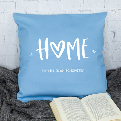 Blaues HOME Kissen mit Spruch Hier ist es am schönsten als Deko für Zuhause