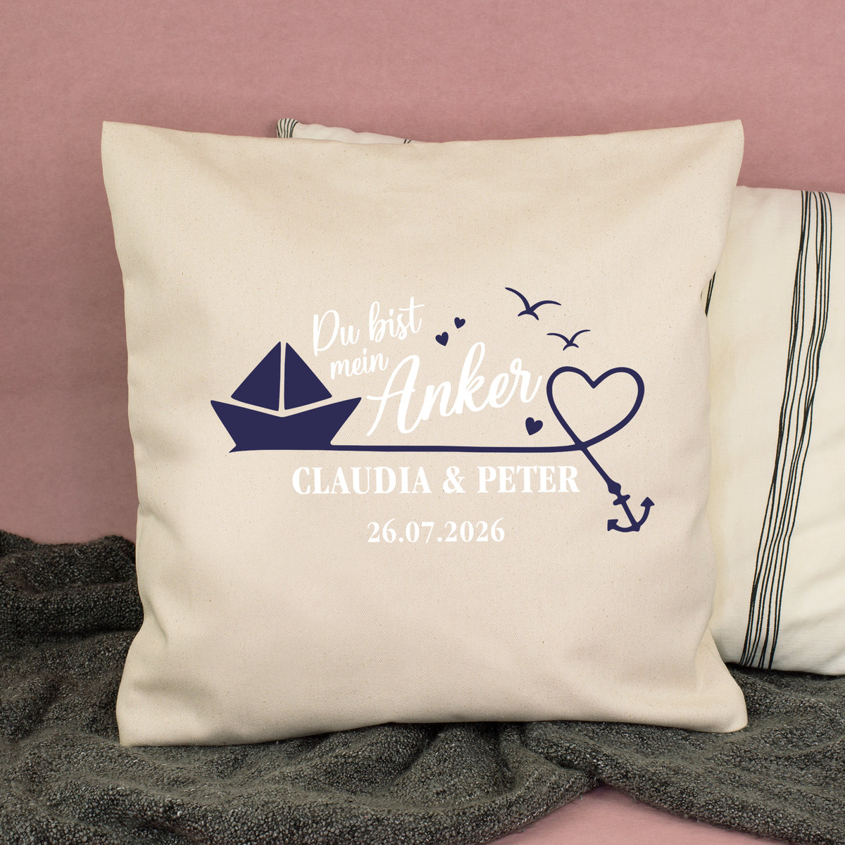 Natur Kissen mit Anker Motiv und Namen als Geschenk zum Jahrestag oder Valentinstag