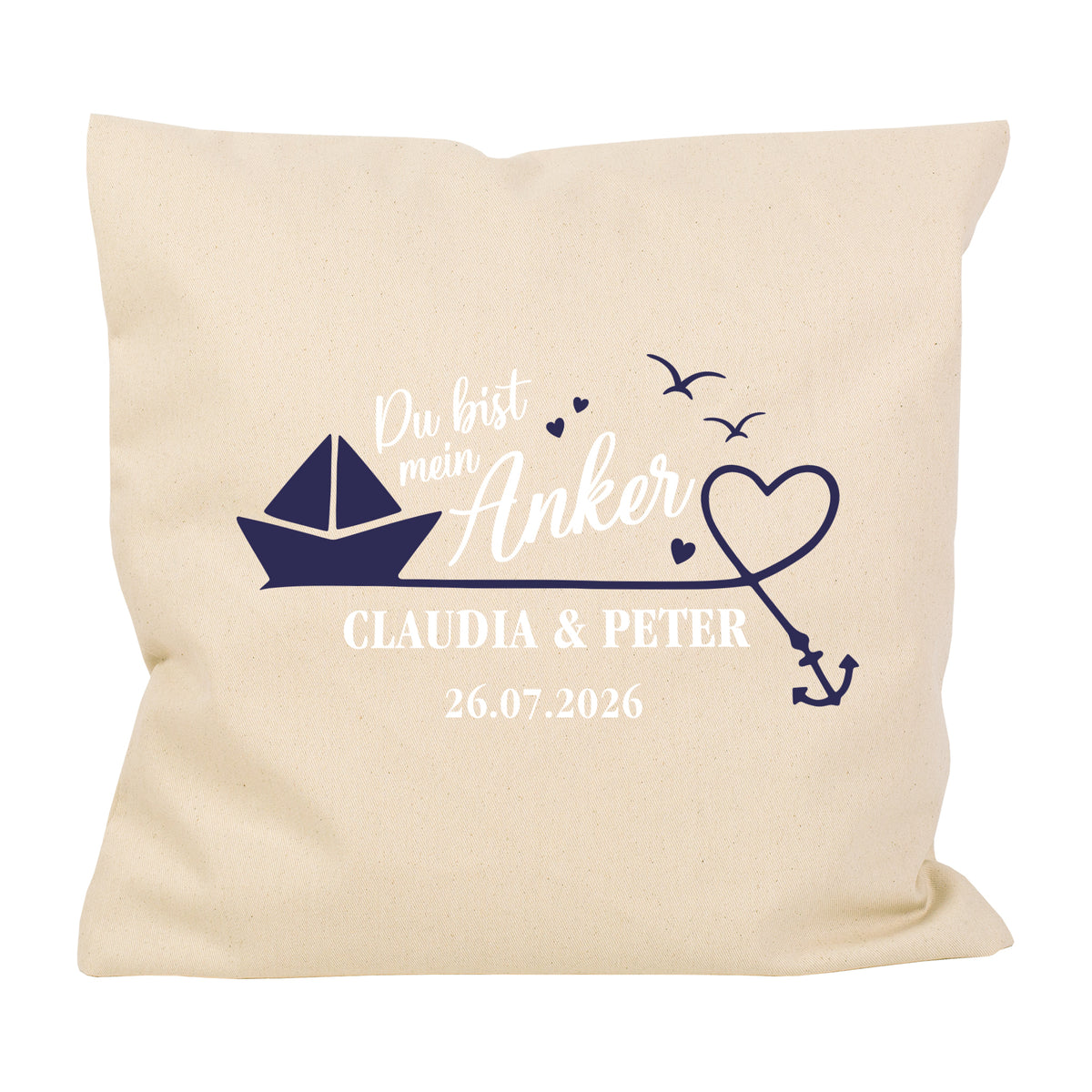 Naturfarbenes Kissen mit maritimem Du bist mein Anker Motiv auf weißem Hintergrund