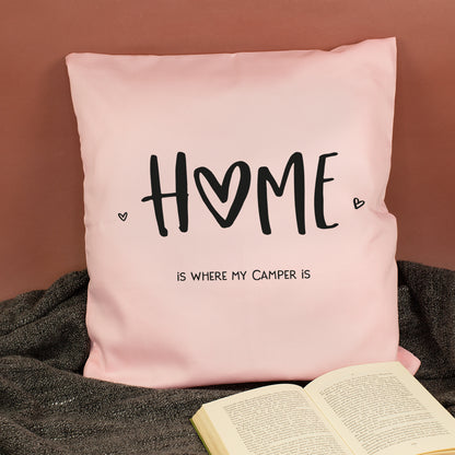 Rosa HOME Kissen mit Spruch Home is where my camper is als Geschenk für Camper