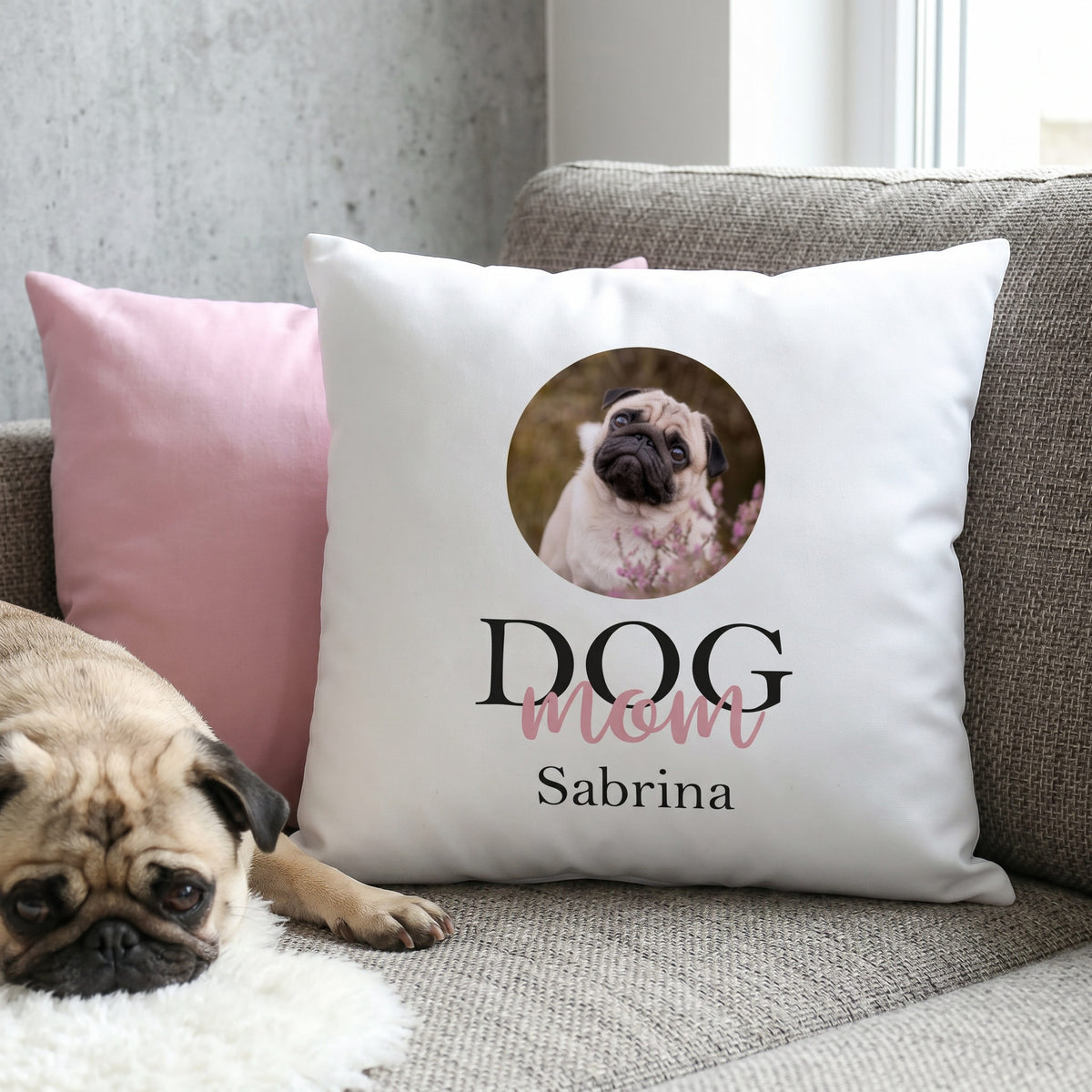 Fotokissen Dog Mom mit Ihrem Wunschnamen bedruckt