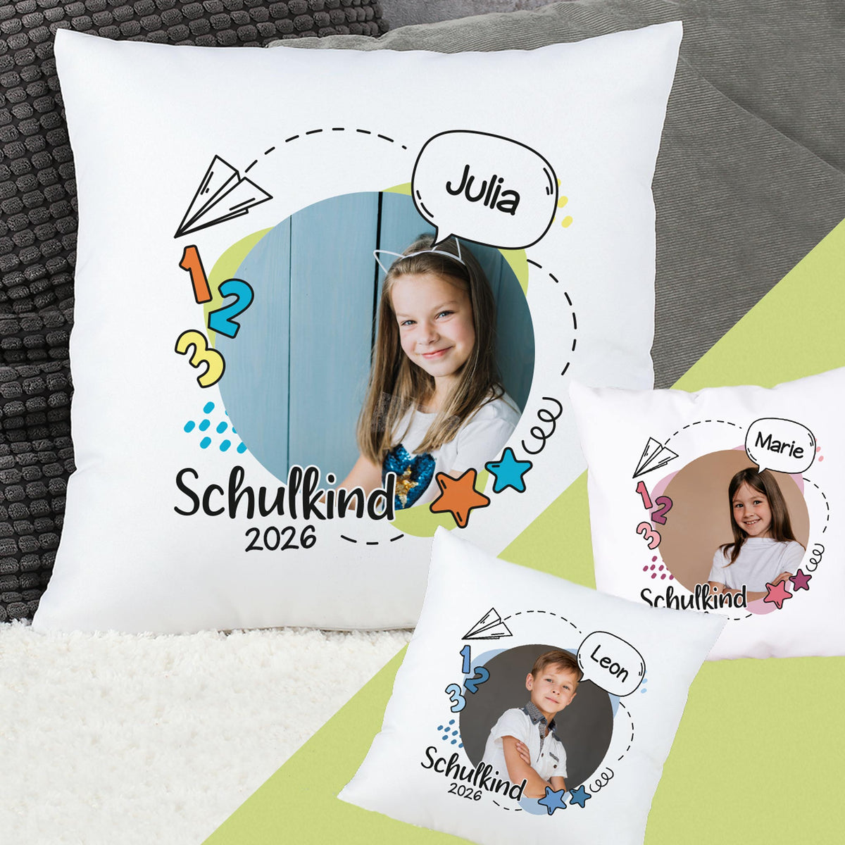 Kissen zur Einschulung mit Foto, Name und Schuljahr - 3 Farbvarianten