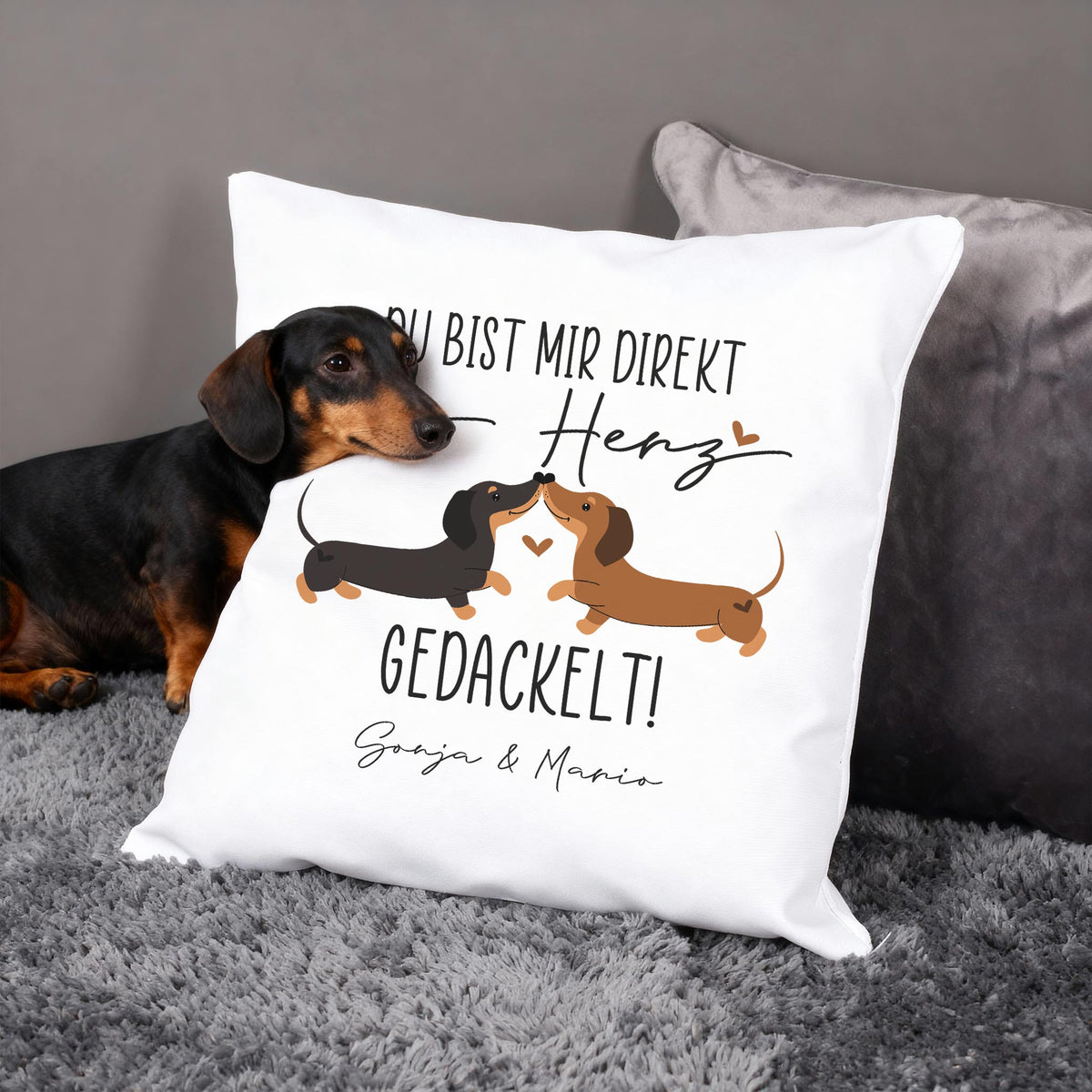 Personalisiertes Kissen mit zwei Dackeln und Herzchen, Spruch „Ins Herz gedackelt!“, Hund liegt daneben auf Sofa