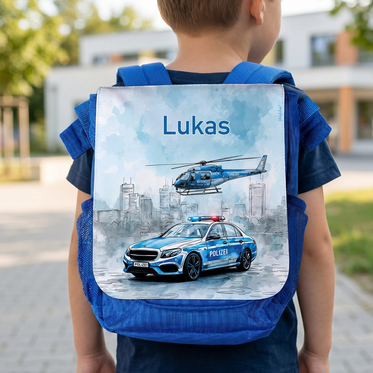 Personalisierter blauer Kindergartenrucksack mit Name Lukas und Polizei-Motiv auf dem Rücken eines Kindes
