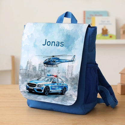 Blauer Kinderrucksack mit Name Jonas, Polizeiauto und Hubschrauber auf der Frontlasche