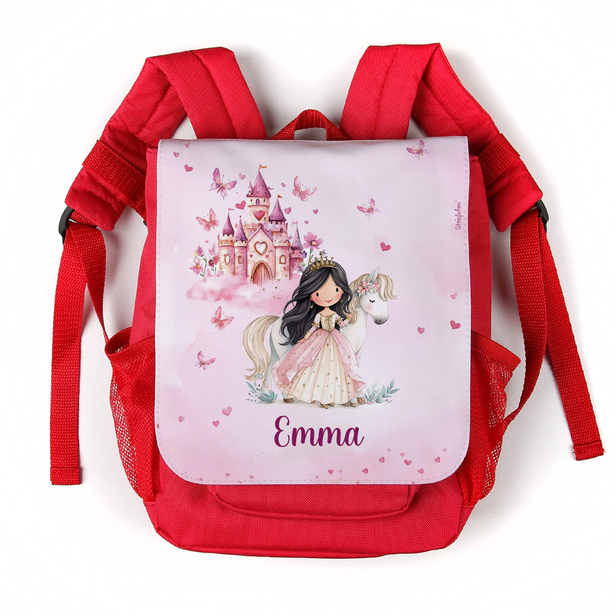 Roter Kinderrucksack mit Name Emma und Prinzessin Pferd Schloss Motiv freigestellt auf weißem Hintergrund