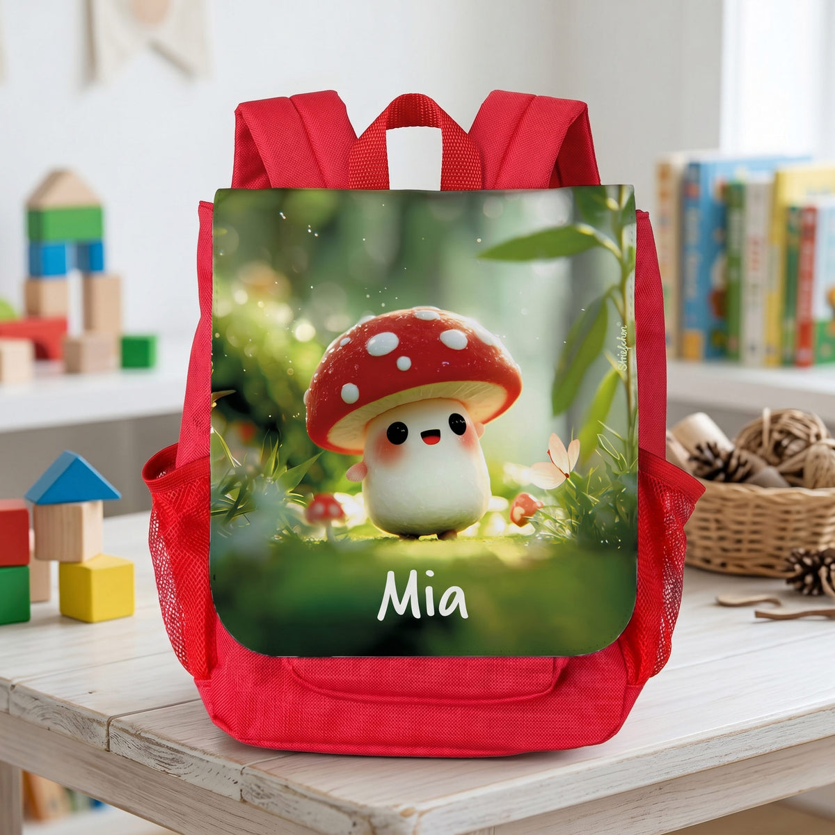 Roter Kinderrucksack mit Name Mia, Glückspilz-Motiv und seitlichen Netzfächern im Kinderzimmer