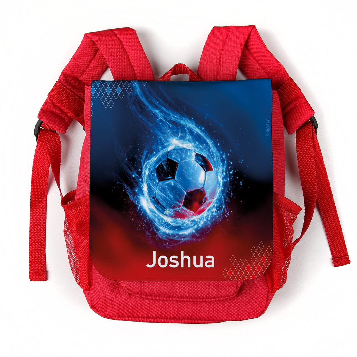 Roter Kindergartenrucksack mit Fußball-Motiv und Name Joshua