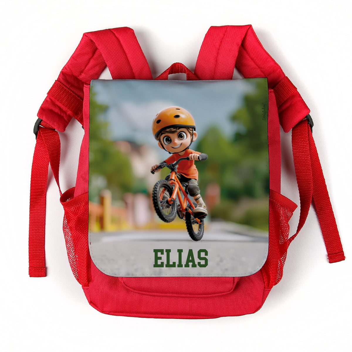 Personalisierter Kinderrucksack für Jungen mit Fahrrad-Motiv, Helm und Name Elias auf rotem Rucksack