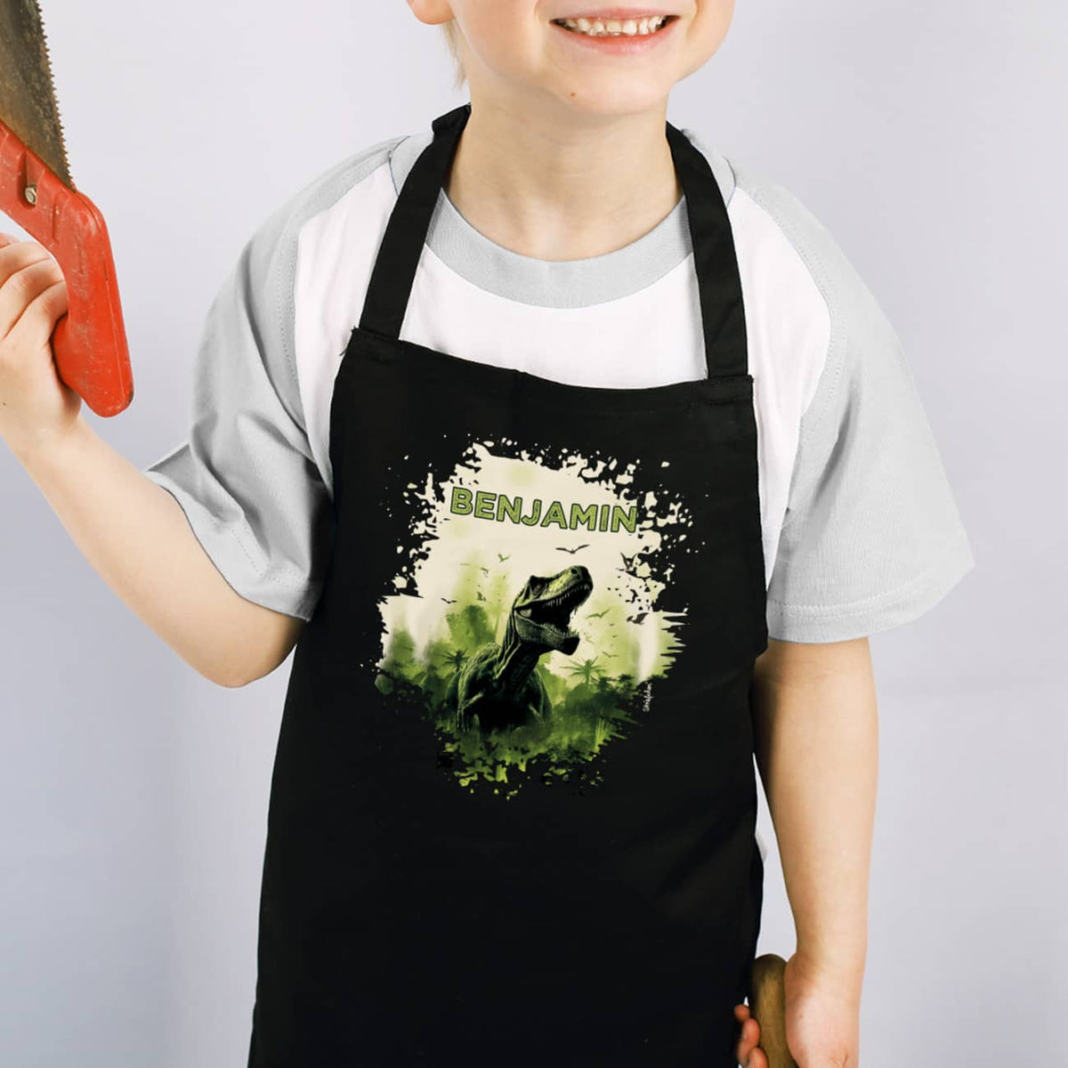 Kinderschürze mit coolem T-Rex Motiv und Name