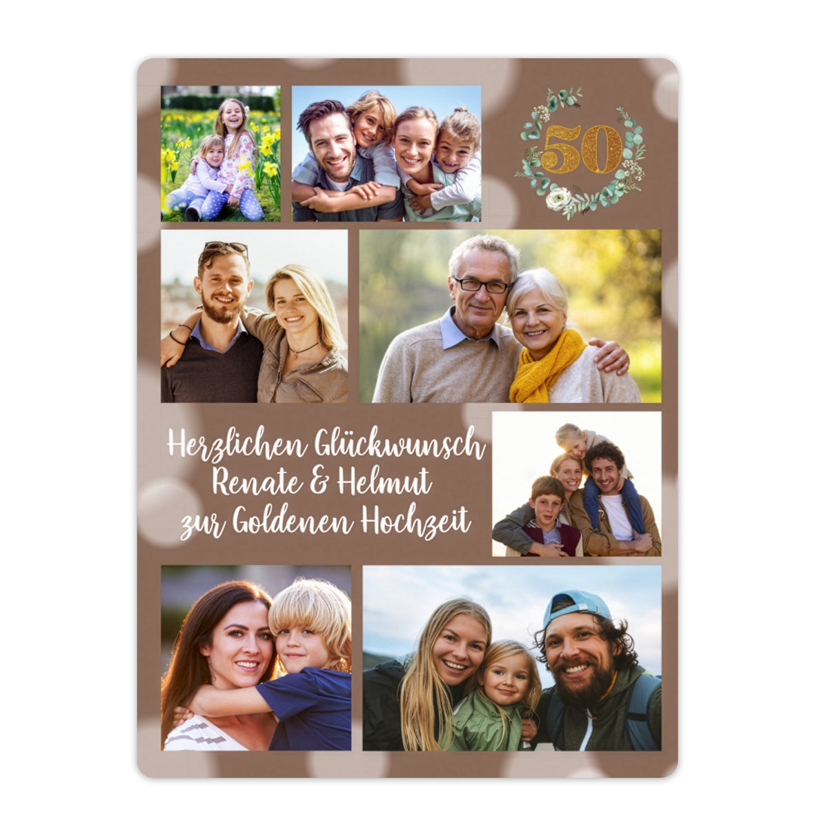 Personalisierte Fotodecke mit Collage zur Goldenen Hochzeit, freigestellt dargestellt