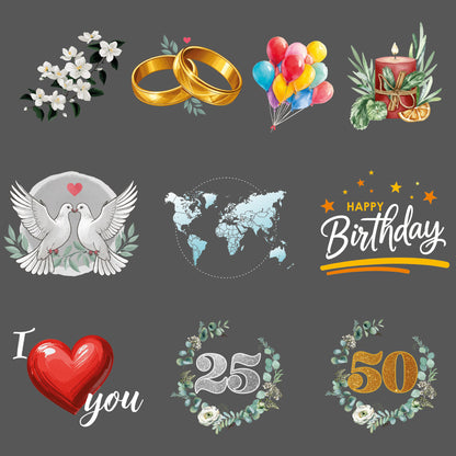 Auswahl an Symbolmotiven für die personalisierte Fotodecke, darunter Herzen, Ringe, Tauben, Jubiläumszahlen und Geburtstagsdesigns