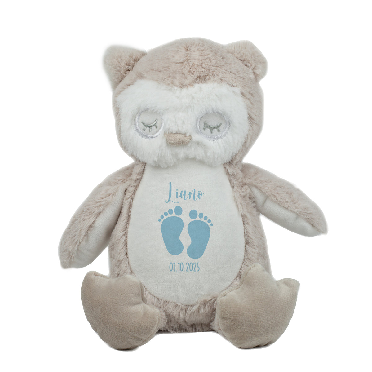Freigestellte Plüsch-Eule mit hellblauem Babyfüßchen-Aufdruck, Name „Liano“ und Geburtsdatum „01.10.2025“. Das Tier ist auf weißem Hintergrund zentral dargestellt.