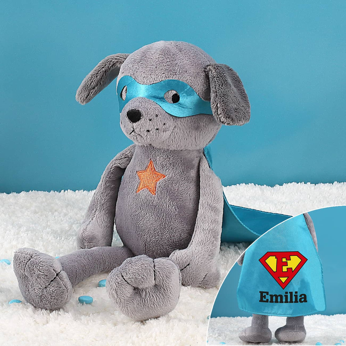 Superhund - Kuscheltier mit Ihrem Wunschnamen und Initial auf dem Cape