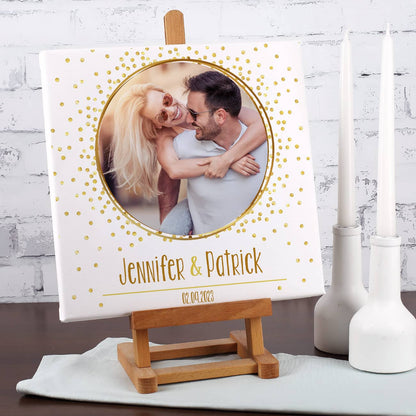 Quadratische Fotoleinwand mit goldenem Motiv zur Hochzeit