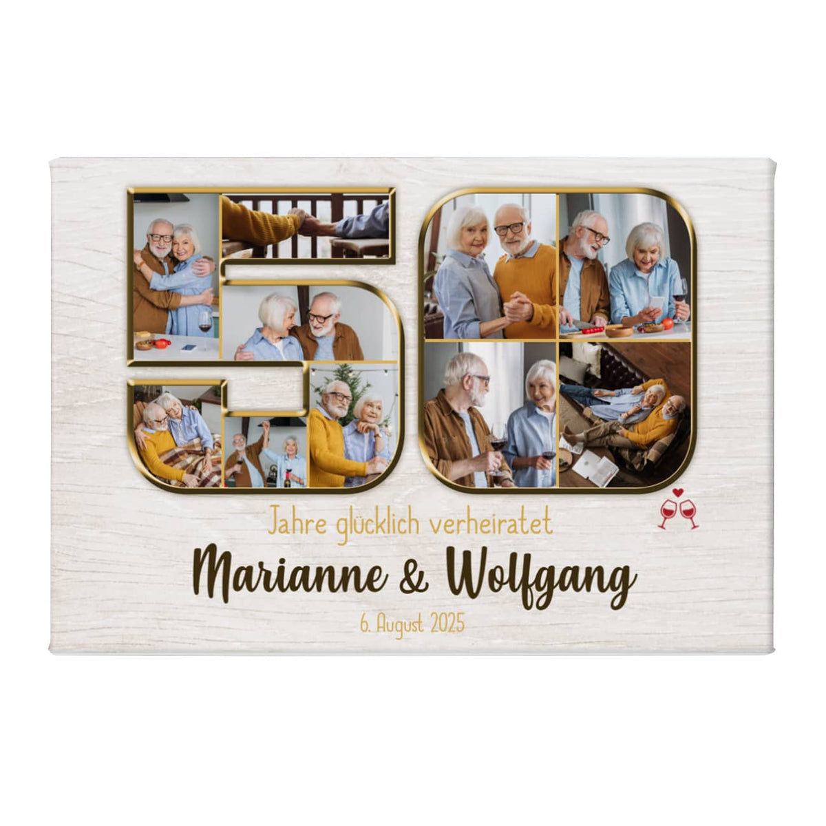 Foto-Leinwand zur Goldenen Hochzeit mit 10 Bildern & Wunschtext, 60x40cm