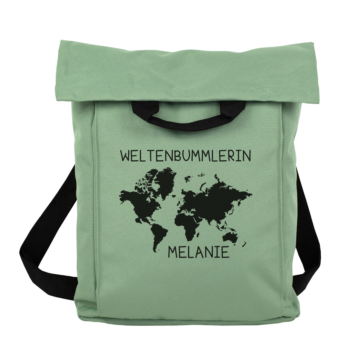 Mintgrüner 2-in-1 Rucksack mit Weltkarten-Motiv, Wunschtext „Weltenbummlerin“ und Name „Melanie“ freigestellt auf hellem Hintergrund
