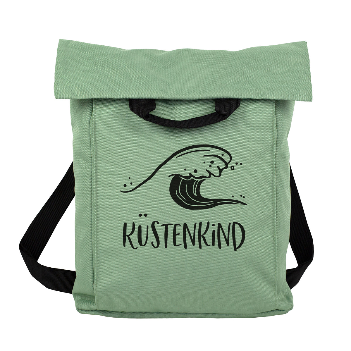Jadegrüner 2-in-1 Rucksack mit Wellenmotiv und Wunschtext Küstenkind vor weißem Hintergrund