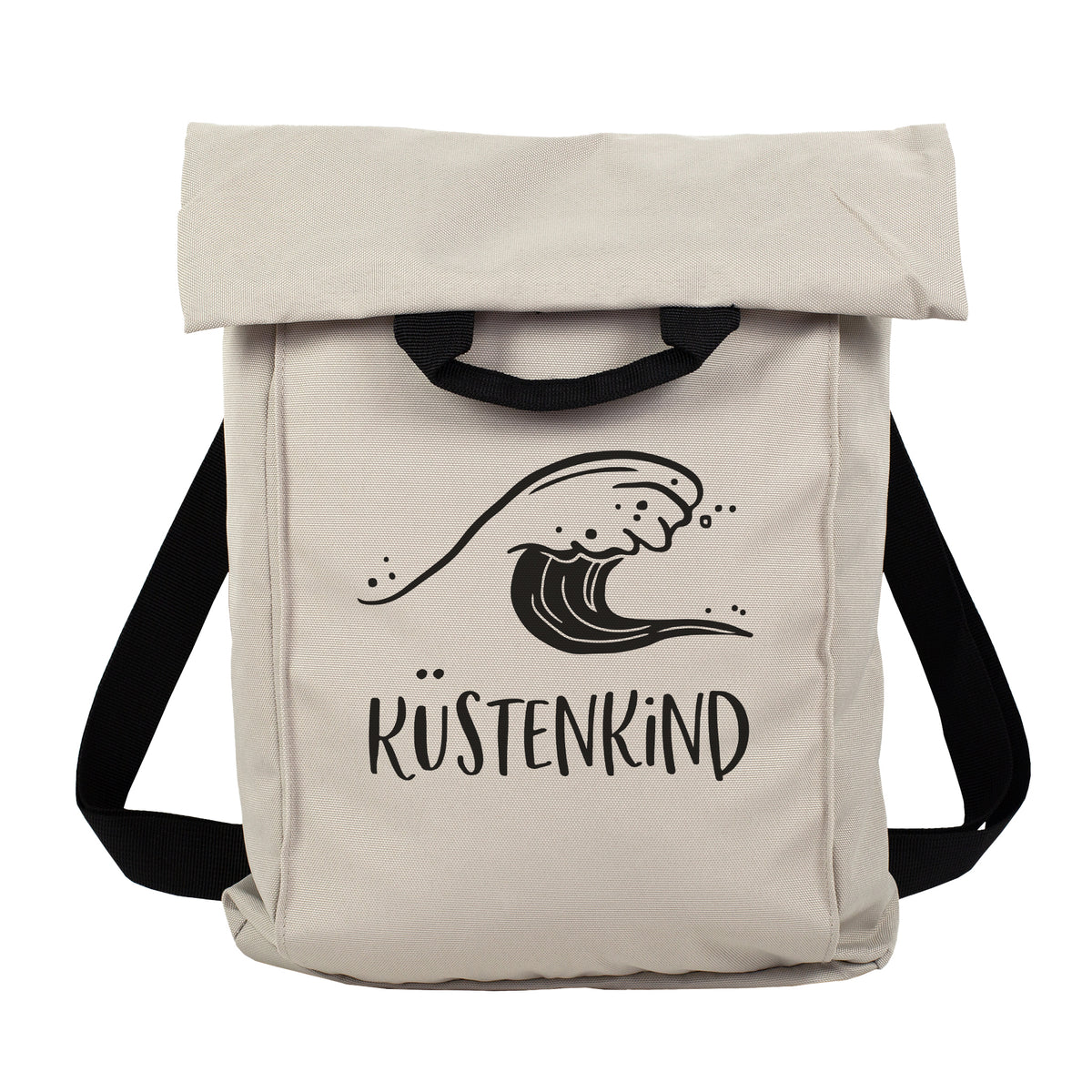 Beiger 2-in-1 Rucksack mit Wellenmotiv und Wunschtext Küstenkind vor weißem Hintergrund