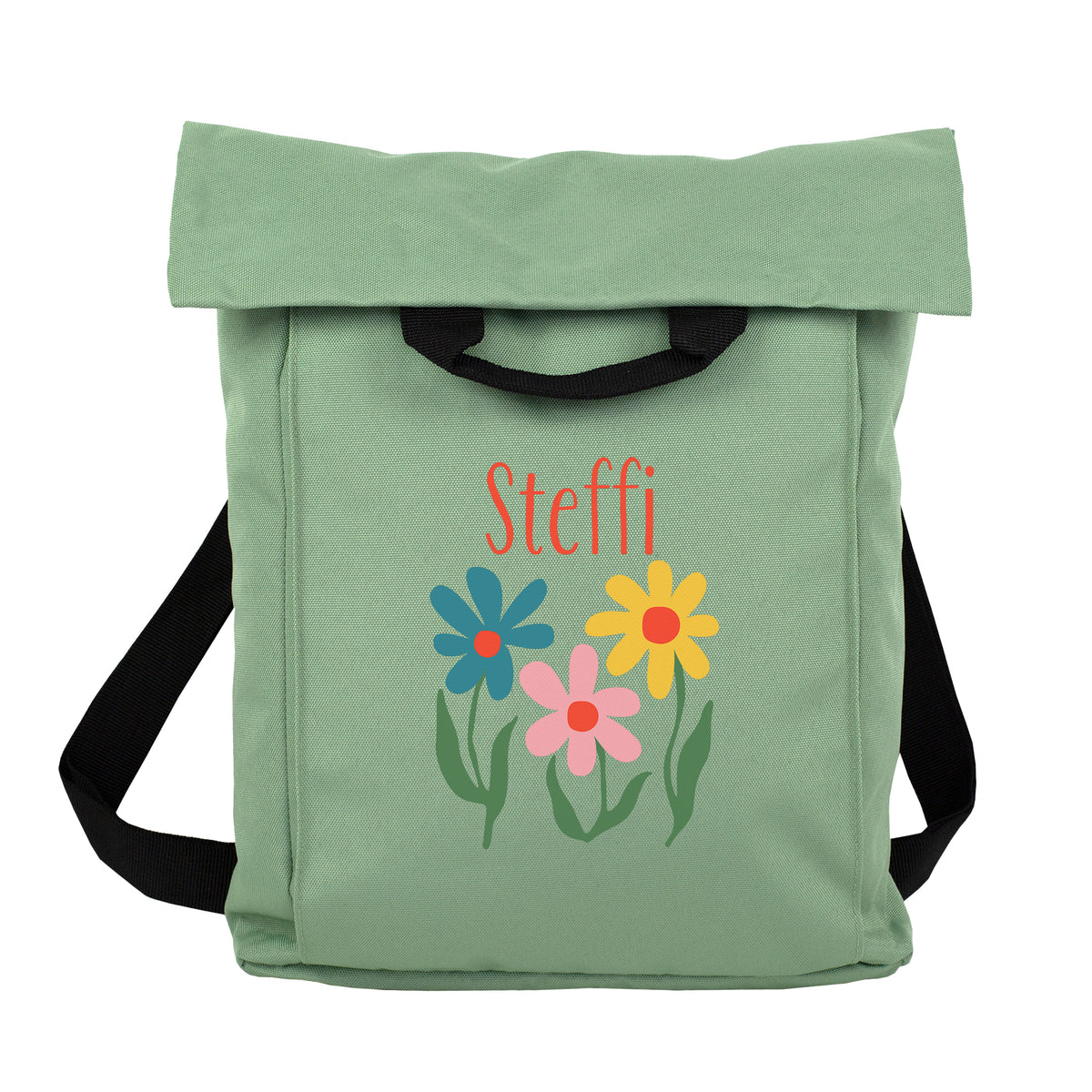 Jadegrüner 2-in-1 Rucksack mit bunten Blumen und personalisiertem Namen Steffi als Freisteller