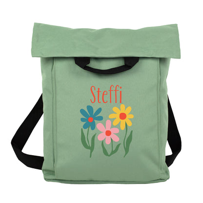 Jadegrüner 2-in-1 Rucksack mit bunten Blumen und personalisiertem Namen Steffi als Freisteller