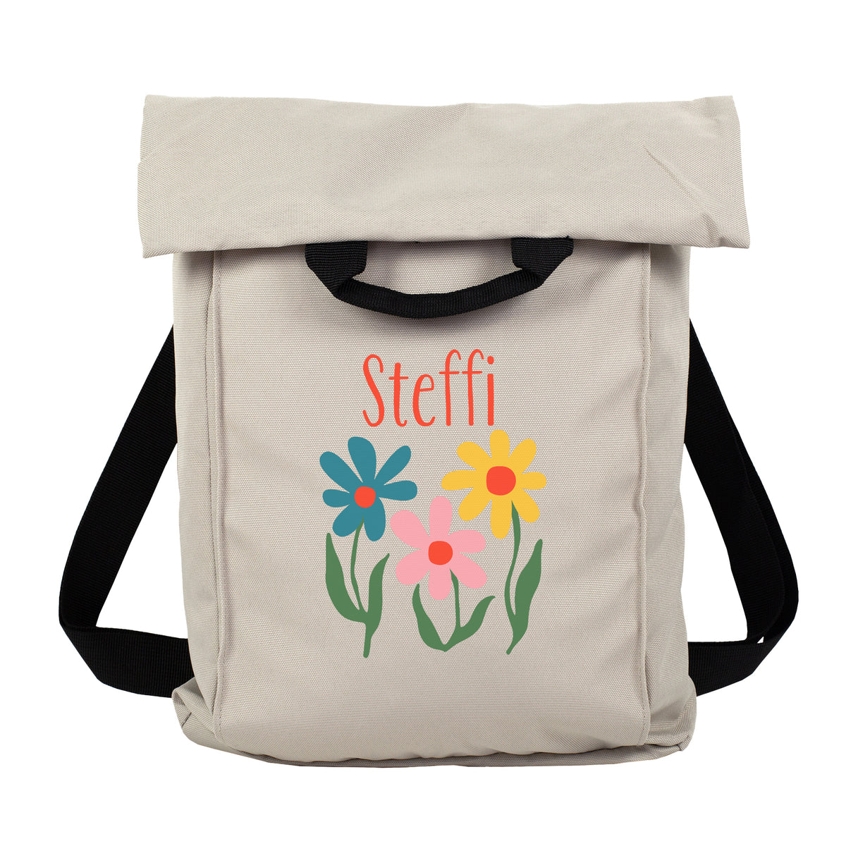 Beiger 2-in-1 Rucksack mit buntem Blumenmotiv und personalisiertem Namen Steffi als Freisteller