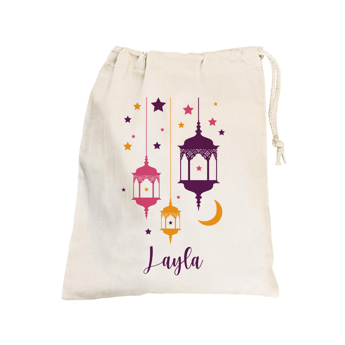 Kleiner Eid Geschenksack mit Laternen und Text, Farbe lila, 25x32 cm