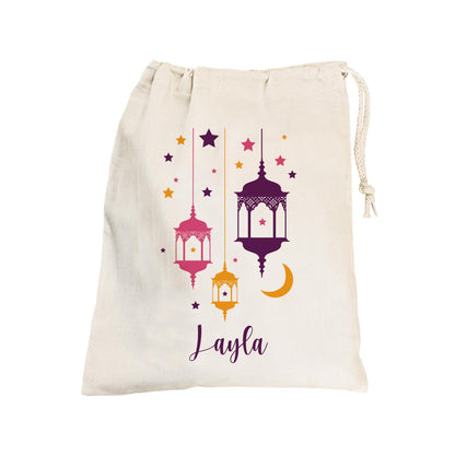Kleiner Eid Geschenksack mit Laternen und Text, Farbe lila, 25x32 cm