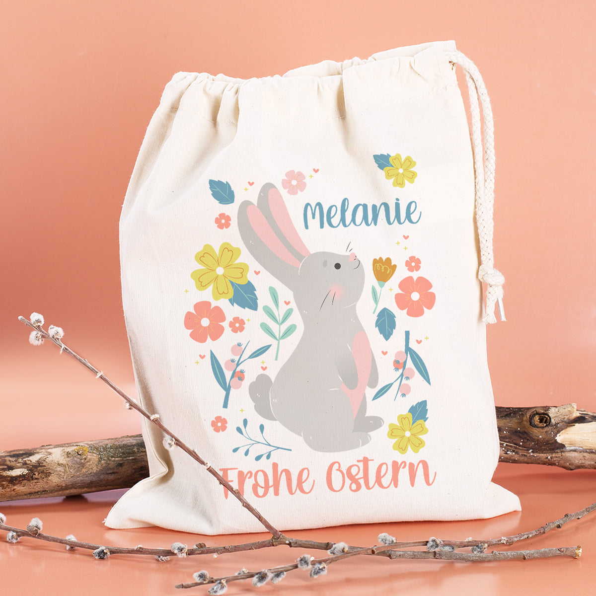 Individueller Osterbeutel mit niedlichem Hasen, Blumen & Wunschname