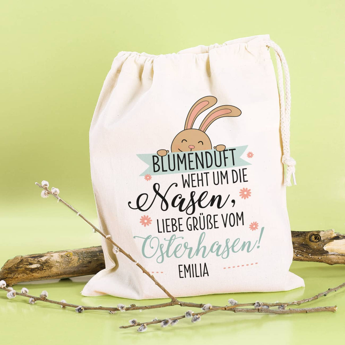 Stoffsack mit Hase, süßem Spruch und Ihrem Wunschnamen bedruckt als tolle Geschenkverpackung zu Ostern